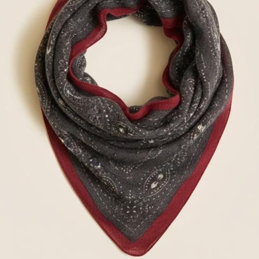 Handmade Cashmere Neck Scarf – Charcoal Paisley with Crimson Red Border -